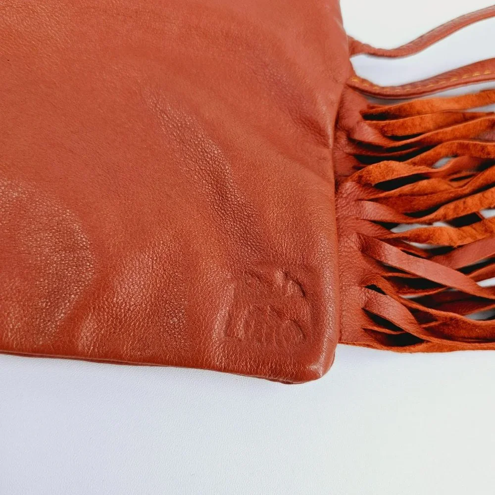 Talula De La Lune Leather Wristlet Camel Brown Fringe Trim Pink Zip Top Plaid